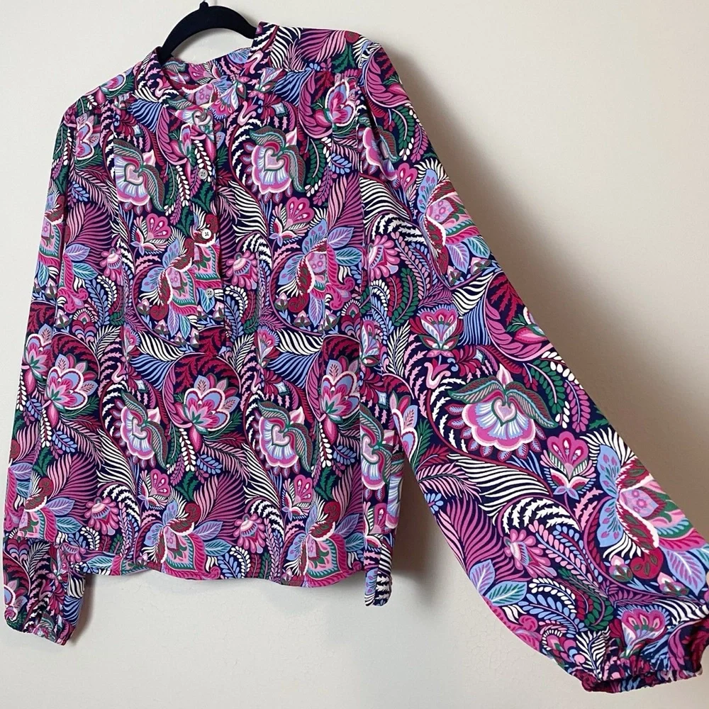 Loft Paisley Multicolor Stand Collar Henley Blouse